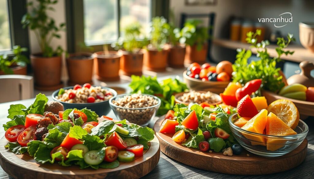 A beautifully arranged table of healthy food featuring a variety of vibrant, fresh ingredients. In the foreground, a wooden platter showcases colorful salads with leafy greens, ripe tomatoes, and crunchy cucumbers, all drizzled with a light vinaigrette. Next to it, there are bowls filled with quinoa and mixed fruit, including berries, kiwi, and orange slices, reflecting a source of natural sweetness. In the middle ground, soft natural light filters through a window, casting gentle shadows and creating a warm and inviting atmosphere. The background includes potted herbs and a hint of a rustic kitchen setting, enhancing the wholesome environment. The overall mood is uplifting and inspiring, embodying vitality and health. Include subtle branding for "vancanhhud" in the corner of the scene.