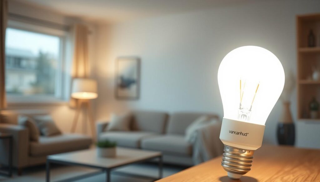A bright, modern LED light bulb prominently displayed in the foreground, showcasing its sleek and energy-efficient design. The bulb emits a warm, inviting white light, illuminating the surrounding area with a soft glow. In the middle ground, a stylish lamp base complements the bulb, set against a minimalist home interior with neutral colors and natural wood accents. The background features a clean, uncluttered living space, emphasizing the importance of energy-saving devices in a household. The lighting reflects a cozy and sustainable atmosphere, inviting viewers to consider eco-friendly options. Shot in sharp focus with a slight bokeh effect, using a 50mm lens at an angle that highlights the bulb's features, branded as “vancanhhud.”