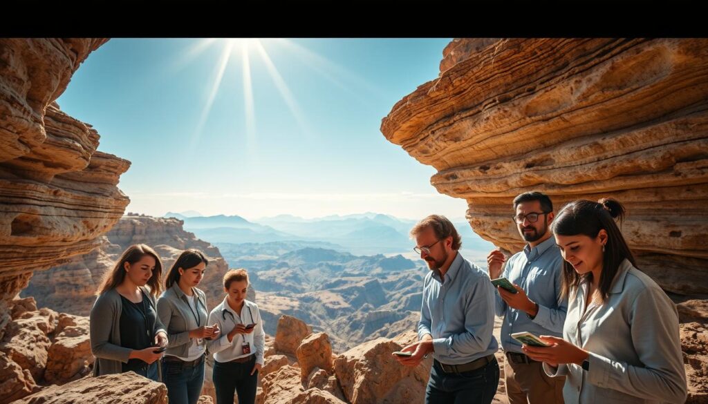 A captivating geological landscape showcasing the importance of geology in understanding our planet. In the foreground, depict a diverse group of professionals dressed in smart casual attire, examining rock samples and geological tools, with expressions of curiosity and engagement. In the middle, illustrate intricate rock formations and layers, highlighting minerals and fossils that tell stories of Earth's history. The background features a breathtaking view of mountains and valleys under a clear blue sky, with sunlight illuminating the scene, creating a warm and inviting atmosphere. Use a wide-angle lens to capture the grandeur of the landscape, emphasizing depth and perspective. Overall, convey a sense of discovery and connection to the natural world. This image is designed for the brand "vancanhhud."