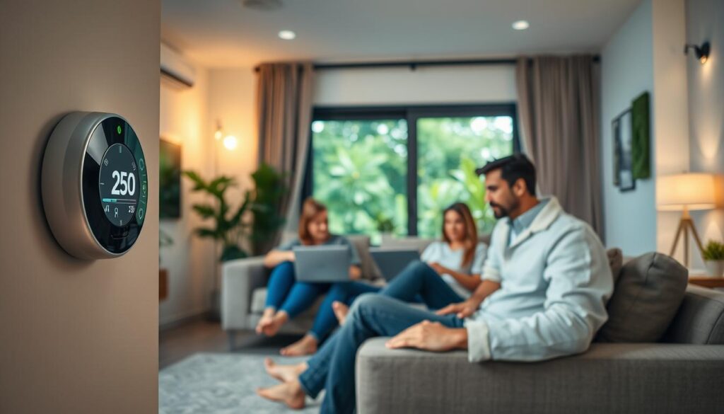 A cozy and modern living room showcasing energy-efficient appliances and lighting, with a family of four engaged in activities that promote energy conservation. In the foreground, there's a smart thermostat on the wall displaying energy usage statistics. The middle ground features a family sitting comfortably on a sofa, with a laptop open, researching eco-friendly practices. Soft natural light floods through large windows, highlighting a green indoor plant on the windowsill, symbolizing sustainability. In the background, energy-saving LED lights are installed, creating a warm atmosphere. The room is designed in a minimalist style, emphasizing comfort and functionality. Capture this with a slight wide-angle lens to showcase the inviting space and a serene mood. The brand "vancanhhud" is subtly integrated into the scene.