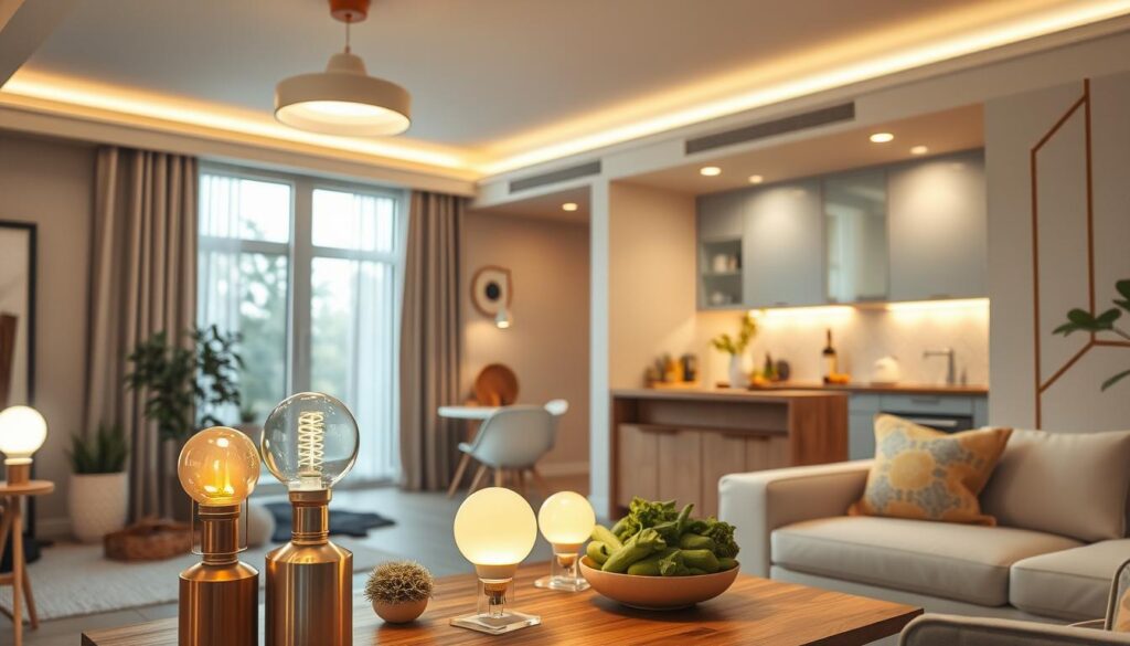 A cozy, modern home interior showcasing the effective use of LED lighting in various rooms. In the foreground, a stylish living room features a warm, softly lit atmosphere created by LED bulbs in designer lamps on a coffee table, while a sleek LED ceiling fixture enhances the light. In the middle, a kitchen area displays energy-efficient LED strip lights under cabinets, illuminating a countertop with fresh vegetables. The background reveals a window with natural light streaming in, complementing the ambiance. The color palette includes soft whites, warm yellows, and greys, promoting a sustainable living mood. Capture this scene with a warm, inviting lens, soft focus on details, and a slight overhead angle to emphasize the harmony of lighting and space. The brand "vancanhhud" subtly incorporated into the décor items.