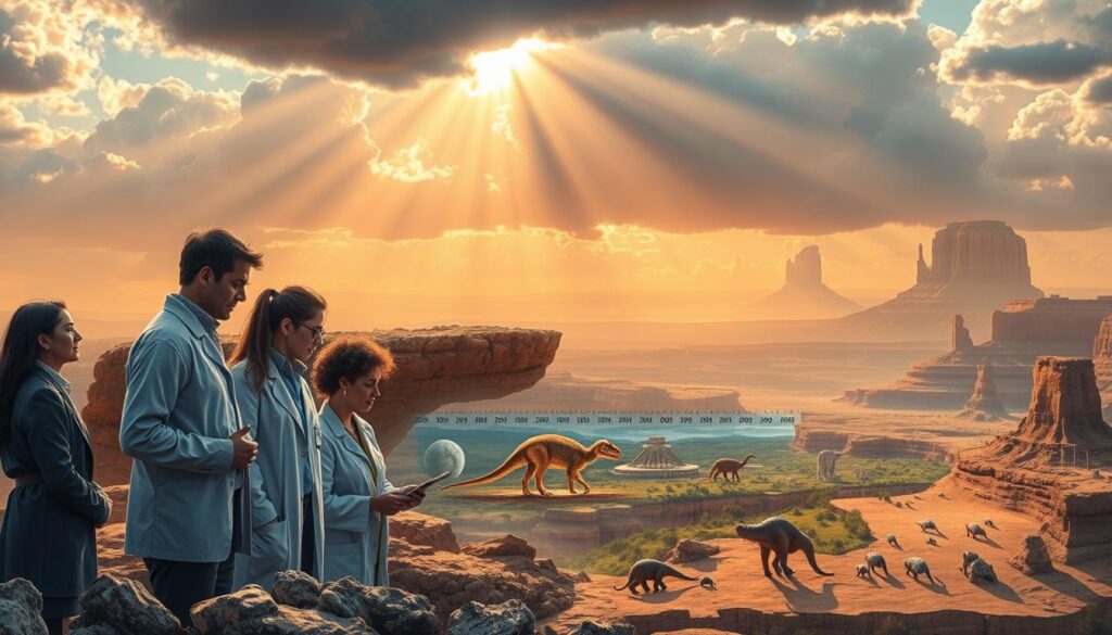 A detailed illustration of the history of geology, featuring a layered composition. In the foreground, a diverse group of scientists, dressed in professional attire, examining ancient rock samples and fossils, engaged in thoughtful discussion. In the middle ground, a timeline displaying significant geological events, such as the formation of Earth, the emergence of life, and the age of dinosaurs, represented through vibrant imagery of each era. The background features a grand geological landscape, showcasing mountains, valleys, and earth formations under a dramatic sky with rays of sunlight piercing through clouds. The lighting should be warm and inviting, creating a sense of wonder and discovery. The entire scene should evoke a mood of deep exploration and curiosity about our planet's past. Rendered in a realistic style. vancanhhud