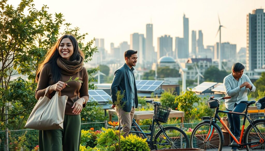 A harmonious urban scene depicting sustainability in everyday life. In the foreground, a diverse group of three adults in professional and modest casual clothing engage in eco-friendly activities: a woman happily shopping with a reusable bag, a man planting a small tree, and another individual cycling past with a colorful bicycle. The middle ground features a vibrant community garden filled with lush vegetables and flowers, while solar panels and wind turbines dot the rooftops. In the background, the skyline of a modern city merges seamlessly with nature. Soft, warm lighting bathes the scene, creating a cheerful and hopeful atmosphere. The image should embody the essence of sustainability, showcasing the importance of integrating eco-friendly practices into daily routines. Capture the details in a realistic style, emphasizing color and texture. vancanhhud.