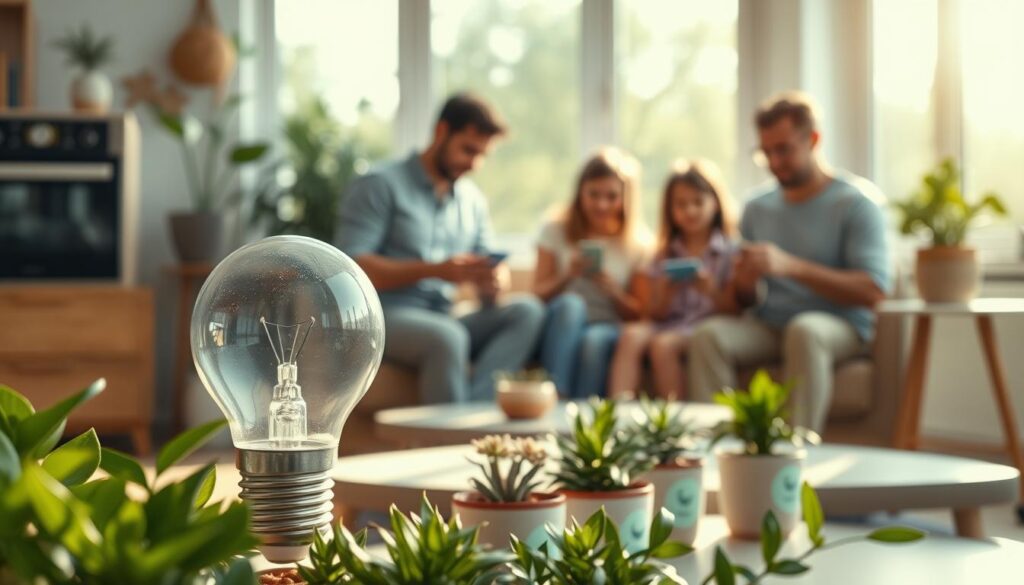 A modern, energy-efficient home interior showcasing various methods of energy conservation. In the foreground, display an eco-friendly light bulb surrounded by potted plants and energy stickers on appliances. In the middle ground, feature a family engaged in activities like using natural light and unplugging devices, all portrayed in modest casual clothing. The background should depict large windows allowing sunlight to flood the space, emphasizing a bright and warm atmosphere. Natural wooden furniture complements the scene, enhancing the environmentally friendly theme. Use soft, natural lighting to create a cozy and inviting mood, with a slight lens blur on the background to draw focus to the energy-saving actions. The image should embody a sense of practicality and inspiration for sustainable living. vancanhhud