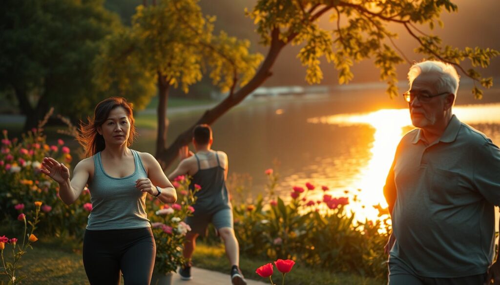 A serene and inviting wellness environment that embodies the concept of "สุขภาพร่างกาย." In the foreground, a diverse group of three individuals, specifically a middle-aged woman, a young man, and an elderly man, are engaged in light exercise, showcasing their determination and health. They wear modest sports attire suitable for workouts. In the middle ground, lush greenery and vibrant flowers are in full bloom, symbolizing vitality and growth. The background features a calm lake under a soft golden sunrise, casting warm light and reflections across the water, enhancing the atmosphere of tranquility. The overall mood is uplifting and inspiring, conveying the importance of self-care and health. The scene is framed using a wide-angle lens to capture the breadth of nature, illuminated with soft, diffused lighting. This image should be created in the style of "vancanhhud."