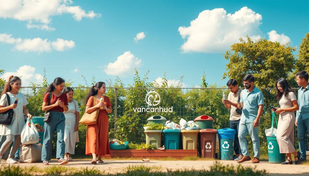 A serene and vibrant scene illustrating the concept of reducing plastic use. In the foreground, a diverse group of individuals dressed in modest casual clothing, happily engaging in activities like using reusable bags, holding stainless steel water bottles, and sorting waste into recycling bins. The middle section features lush greenery with plants, showcasing compost bins and a community garden. In the background, a clear blue sky with fluffy white clouds emphasizes the beauty of a clean environment. Soft, natural lighting bathes the scene, creating a warm and uplifting atmosphere. The overall mood is one of positivity and community spirit, highlighting simple, effective ways to care for the environment. Include an artistic touch with the brand name "vancanhhud" subtly integrated into the scene, ensuring it complements the image without distraction.