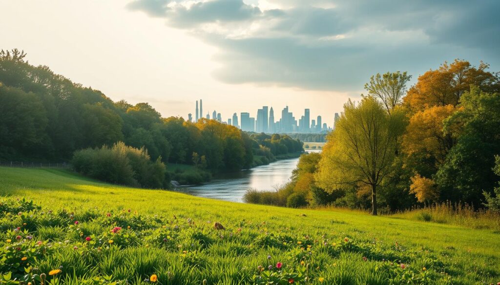 A serene landscape depicting the transformation of the environment over time. In the foreground, a lush green meadow filled with vibrant flowers and small wildlife, representing a thriving ecosystem. The middle ground features a gentle flowing river, flanked by trees with varying shades of green, transitioning to autumn hues. In the background, a smoky city skyline emerges, symbolizing industrial growth and its impact on nature. The sky above transitions from a bright blue to an overcast grey, illustrating weather changes attributed to climate change. Capture this scene with soft, golden lighting during early morning or late afternoon to evoke a sense of hope amid transformation. Ensure a clear, wide-angle view that showcases the stunning contrast between natural beauty and urbanization. vancanhhud
