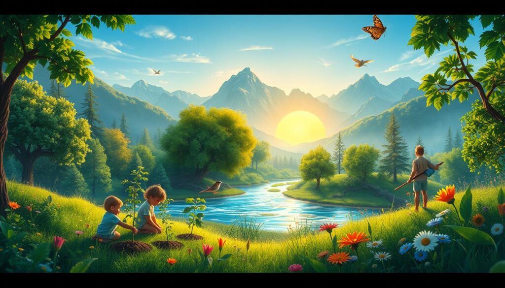 A serene landscape emphasizing environmental protection, featuring a lush green forest in the foreground where children are planting trees, symbolizing a commitment to nature. In the middle ground, a clean, flowing river reflects the blue sky, surrounded by vibrant flowers and wildlife such as birds and butterflies. The background showcases majestic mountains bathed in the warm glow of a sunset, creating a harmonious atmosphere. Soft, natural lighting casts gentle shadows, enhancing the peaceful feel of the scene. The mood is hopeful and inspiring, encouraging viewers to appreciate and care for the environment. The artwork is created in a realistic style with vivid colors, invoking a sense of connection to nature. vancanhhud.