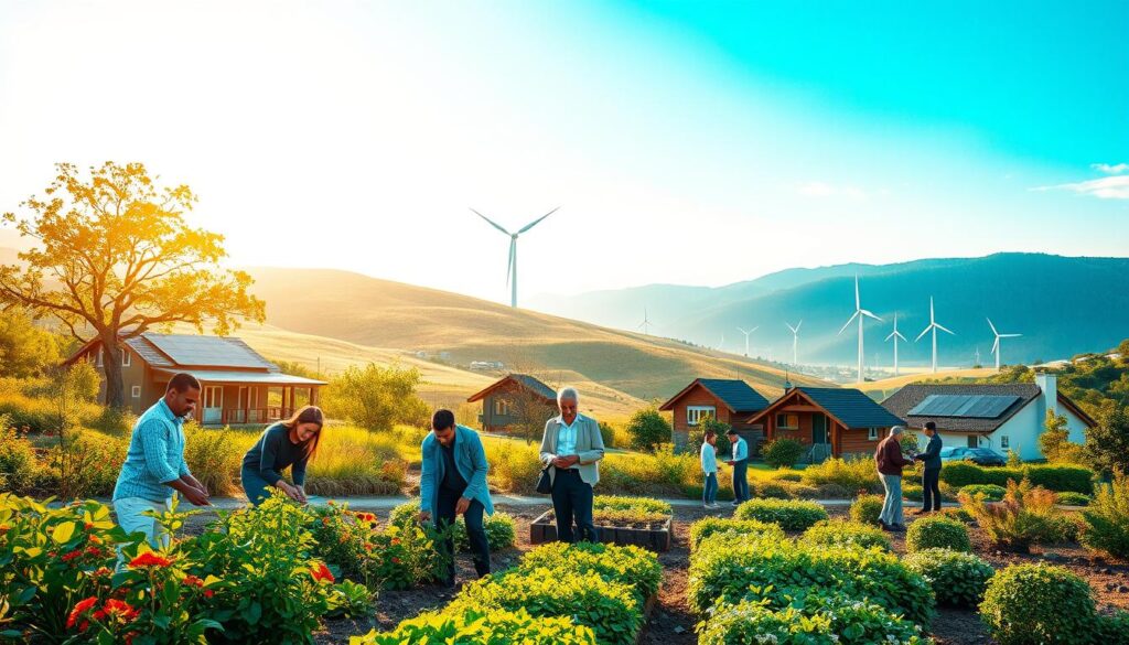 A serene landscape illustrating "sustainable living" as a harmonious blend of nature and humanity. In the foreground, a diverse group of individuals in professional and modest casual clothing collaborate in a community garden, planting vegetables and flowers. The middle ground features eco-friendly homes adorned with solar panels and lush greenery, showcasing architectural harmony with the environment. In the background, soft hills roll under a bright blue sky, dotted with wind turbines, emphasizing renewable energy. The lighting is warm and inviting, with golden sunlight casting gentle shadows, creating a peaceful and uplifting atmosphere. The overall composition conveys a sense of community, balance, and respect for nature, encapsulated in vibrant colors and natural beauty. vancanhhud