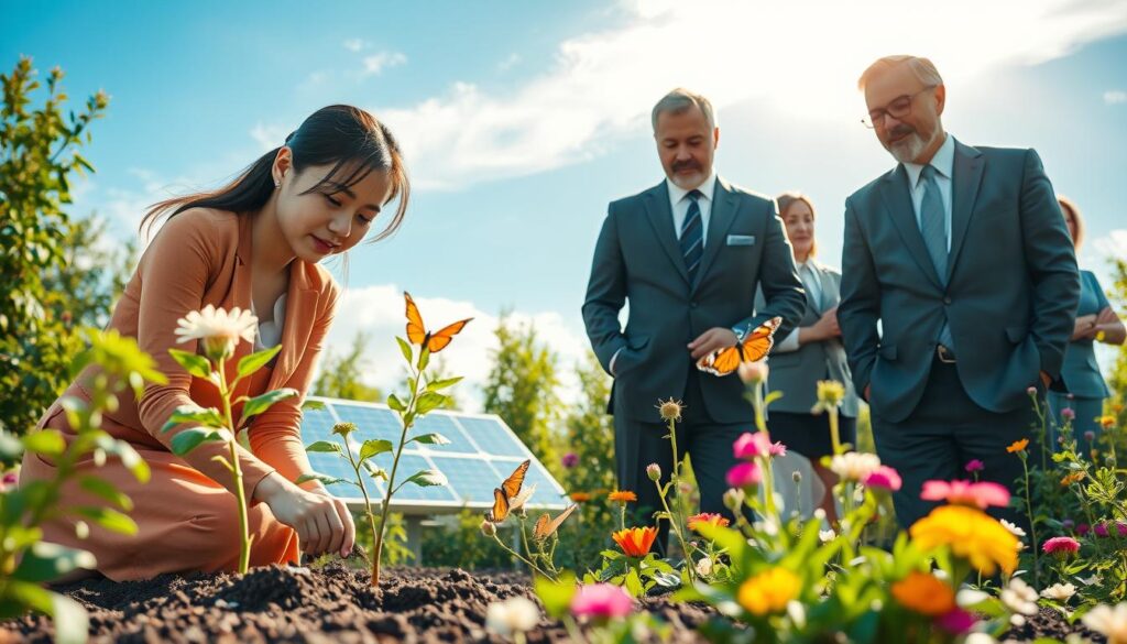 A serene landscape showcasing the importance of environmental protection, featuring a diverse group of people in professional business attire actively engaging in sustainability efforts. In the foreground, a young Asian woman plants a tree sapling, while a middle-aged Caucasian man monitors renewable energy equipment. In the middle ground, a vibrant community garden flourishes, surrounded by blooming flowers and butterflies. The background displays a clear blue sky with soft, golden sunlight, radiating warmth and positivity. The mood is hopeful and inspiring, emphasizing harmony between humanity and nature. The vibrancy of colors enhances the atmosphere of love for the planet, invoking a sense of unity and responsibility. Capture this scene with a wide-angle lens to provide a comprehensive view of this environmental dedication. vancanhhud