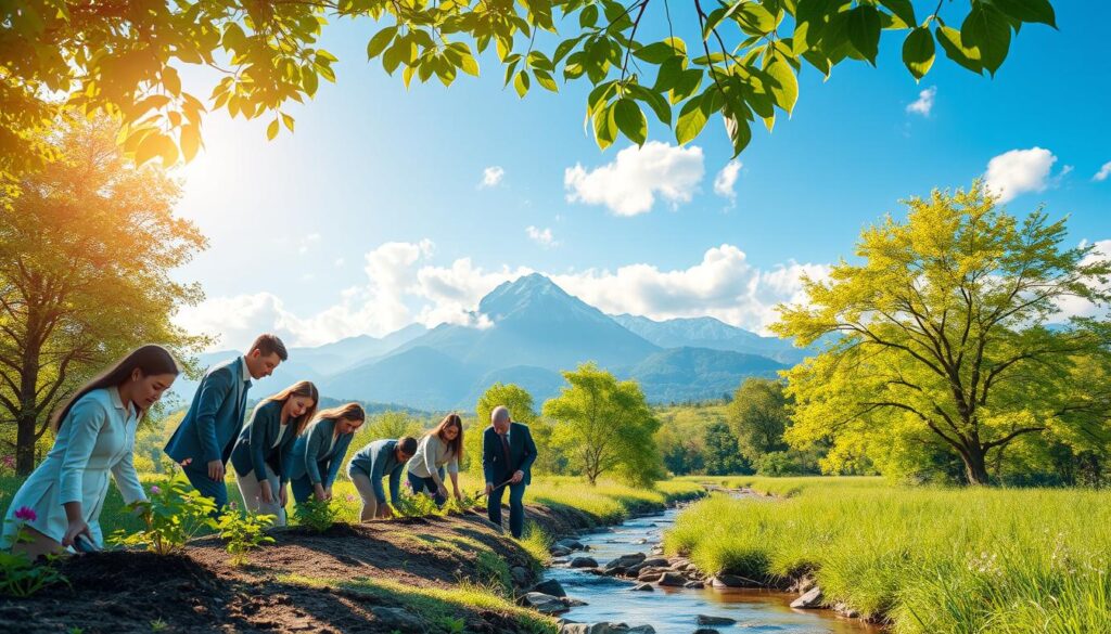 A serene landscape showcasing the importance of nature conservation. In the foreground, a diverse group of people of various ethnicities, dressed in professional business attire, are engaging in a planting activity, symbolizing active participation in environmental protection. The middle ground features lush greenery, including vibrant trees, blooming flowers, and a crystal-clear stream, indicating a healthy ecosystem. In the background, majestic mountains rise against a blue sky with soft, fluffy clouds, highlighting the beauty of untouched nature. The sunlight filters through the leaves, creating a warm and inviting atmosphere. The image conveys a sense of hope and responsibility towards conserving natural resources for future generations. The artwork is inspired by vancanhhud, ensuring high-quality detail and clarity.