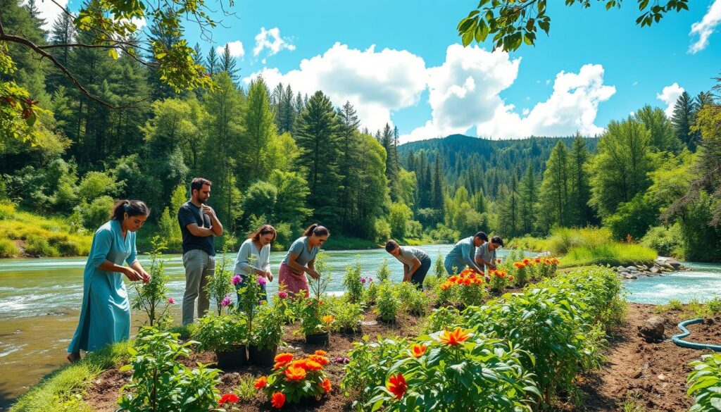 A serene, lush landscape showcasing environmental conservation. In the foreground, a diverse group of professionals in modest casual clothing, engaged in planting trees and tending to a vibrant garden filled with colorful flowers. The middle ground features a clear, flowing river with crystal-blue water reflecting the sunlight. In the background, a majestic forest is visible, filled with tall, green trees under a bright, blue sky dotted with fluffy white clouds. Soft sunlight filters through the branches, creating dappled patterns on the ground, enhancing the peaceful atmosphere. The scene is vibrant and full of life, evoking a sense of harmony between humans and nature, emphasizing the importance of environmental conservation. Created by vancanhhud, capturing hope and unity in a sustainable future.