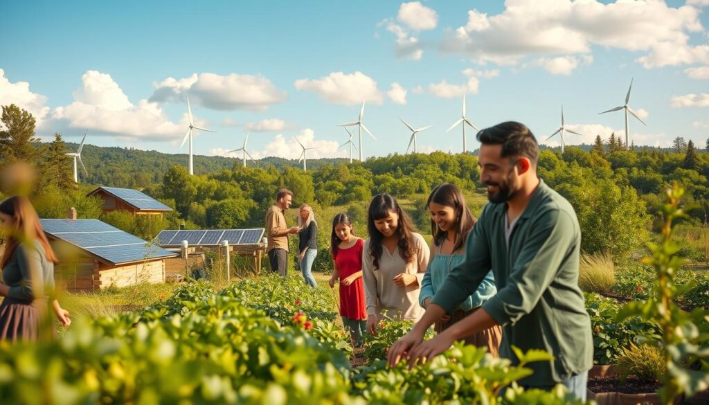 A serene view of a sustainable lifestyle in a lush, green landscape, featuring a diverse community engaged in eco-friendly practices. In the foreground, a diverse group of individuals in modest casual clothing planting a community garden, smiling and socializing. In the middle ground, solar panels are visible on rooftops, and wind turbines gently turn in the distance, symbolizing renewable energy. The background reveals a vibrant forest with clear blue skies and fluffy clouds, creating a peaceful atmosphere. Soft, warm lighting enhances the sense of community and harmony with nature. The scene embodies the essence of a joyful and sustainable life, celebrating mindful living. vancanhhud.