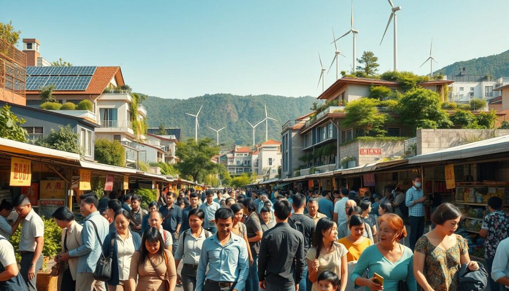 A vibrant and harmonious sustainable cityscape representing "การสร้างเมืองที่ยั่งยืน". In the foreground, a bustling market filled with diverse people of all ages, dressed in professional business attire and modest casual clothing, actively engaging in community activities. In the middle ground, green architecture intertwines with nature—solar panels on rooftops, vertical gardens, and wind turbines seamlessly integrated into the buildings. The background features a clear blue sky and gentle hills, emphasizing eco-friendly landscapes. Soft natural lighting enhances the scene, casting warm shadows and creating a welcoming atmosphere. The perspective is slightly elevated, capturing the thriving community below. This image encapsulates the essence of sustainability and social harmony, branded as "vancanhhud".