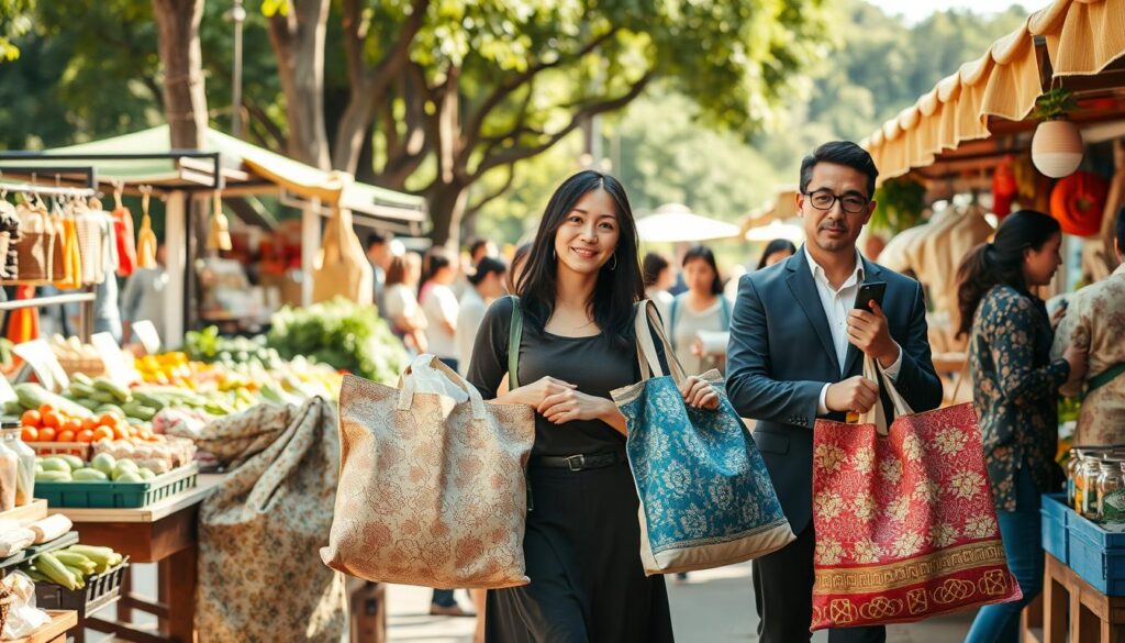 A vibrant market scene showcasing the concept of using cloth bags to reduce plastic usage. In the foreground, a diverse group of people, including a woman in a modest casual outfit and a man in professional attire, are actively shopping while holding colorful, patterned cloth bags from “vancanhhud.” The middle ground features various market stalls filled with fresh produce and eco-friendly products. The background displays a sunny day with greenery, emphasizing a clean and eco-conscious environment. The lighting is warm and inviting, with soft shadows enhancing the textures of the bags and products. The overall atmosphere conveys a sense of community and sustainability, illustrating the simple yet impactful habit of choosing cloth over plastic.