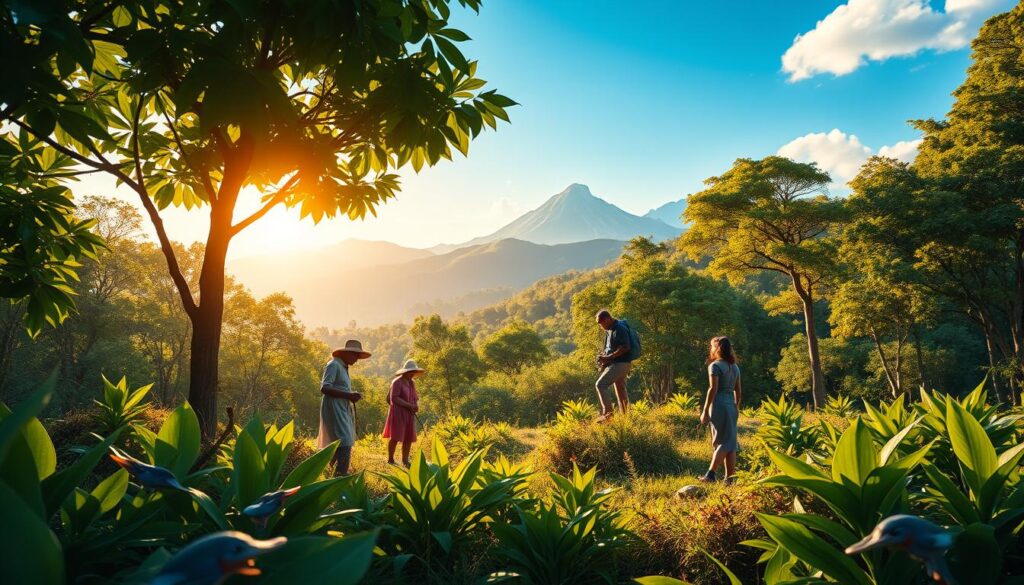 A vibrant scene depicting the conservation of natural resources, showcasing a lush, green forest in the foreground, filled with diverse flora and fauna. In the middle ground, illustrated people of various ethnicities, dressed in modest casual clothing, actively engaging in conservation activities like planting trees and monitoring wildlife. The background features majestic mountains under a clear blue sky, symbolizing pristine nature. Soft, golden sunlight filters through the leaves, creating dappled shadows and adding warmth to the scene. The atmosphere is serene and hopeful, emphasizing the importance of protecting the environment for future generations. This image should reflect the ethos of sustainability and care. Include the logo "vancanhhud" subtly integrated into the design, ensuring it does not distract from the overall message.
