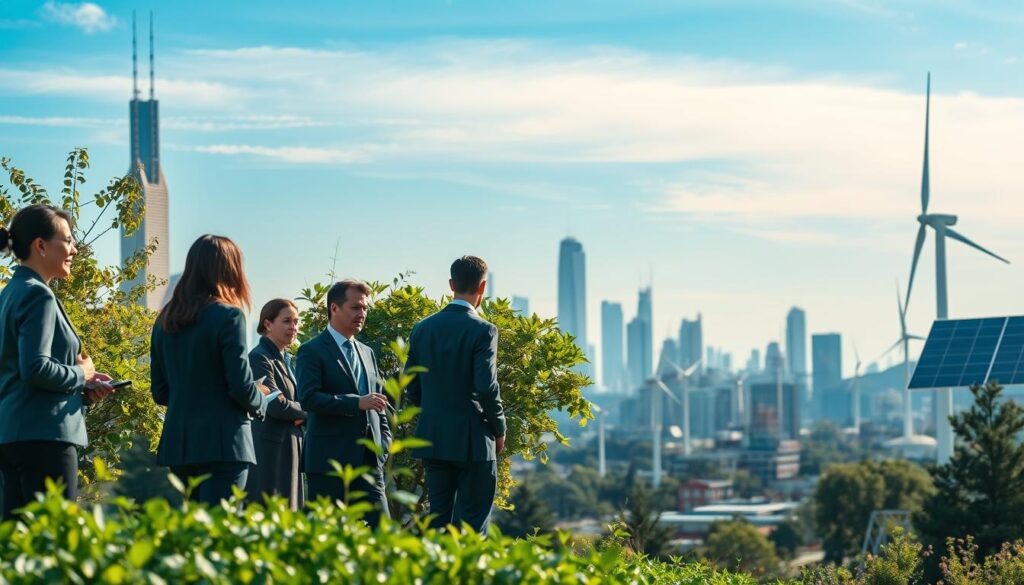 A visually striking image depicting air pollution prevention, showcasing a vibrant city skyline in the background under a clear blue sky. In the foreground, a diverse group of professionals in business attire are engaged in discussions about environmental conservation, standing next to greenery and trees with oxygen-producing plants. The middle ground features modern renewable energy solutions like wind turbines and solar panels integrated into the urban landscape, symbolizing technological advances in pollution mitigation. Soft, natural lighting highlights the scene, creating an optimistic and proactive atmosphere. The perspective is slightly elevated, capturing the expansive city and vibrant community efforts towards clean air. The overall mood is hopeful and determined, emphasizing the importance of collective action for a sustainable future. vancanhhud