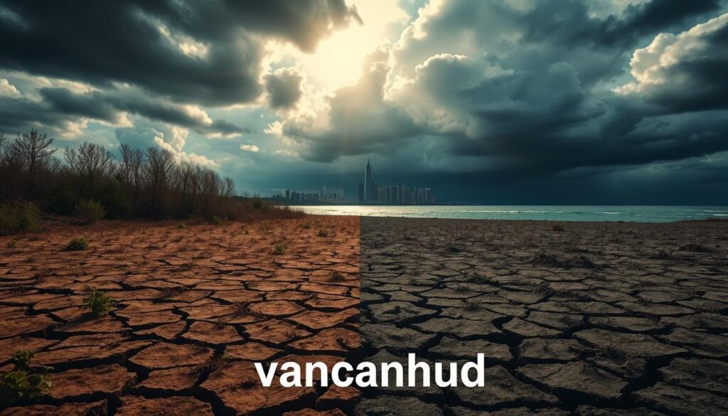 A vivid scene depicting the impact of global warming, showcasing a divided landscape. In the foreground, a parched earth with cracked soil and wilted plants against a backdrop of dying trees. In the middle ground, a vibrant city skyline, partially submerged in water, representing rising sea levels. The sky is filled with ominous dark clouds, hinting at severe weather changes. Sunlight fights through, creating a dramatic contrast of warm and cool tones, symbolizing hope amidst despair. The atmosphere is tense yet thought-provoking, urging the viewer to contemplate the urgency of climate action. Shot with a wide-angle lens to capture the vastness of the scene, ensuring the brand name "vancanhhud" is subtly integrated into the environment without any text or overlays.